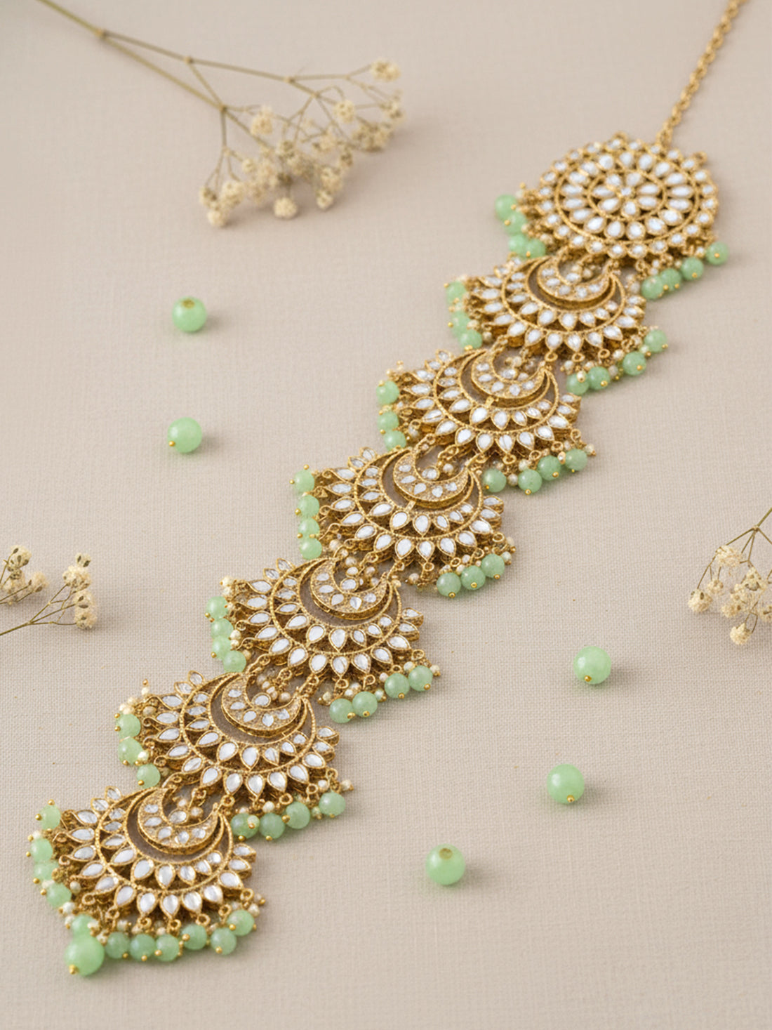 Karatcart Light Green Beads Gold Plated Kundan Wedding Hair Braid Choti
