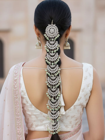 Karatcart Light Green Beads Gold Plated Kundan Wedding Hair Braid Choti