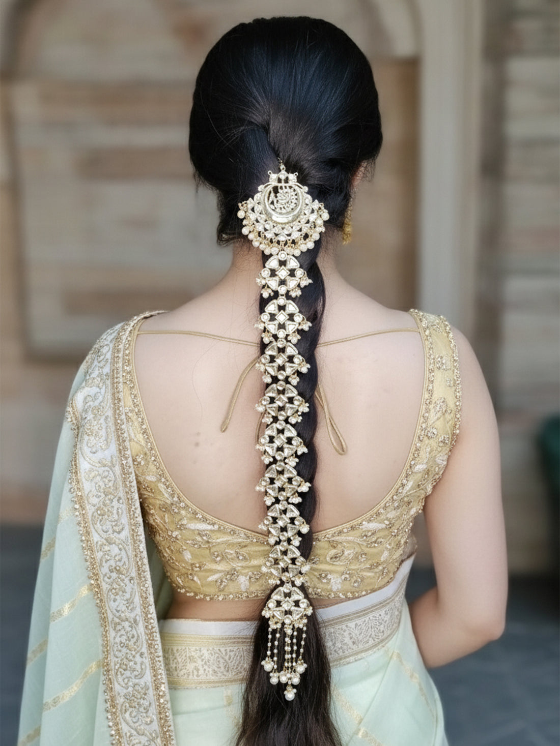 Karatcart Gold Plated Peacock Design Pearl and Kundan Studded Bridal Wedding Hair Braid Choti
