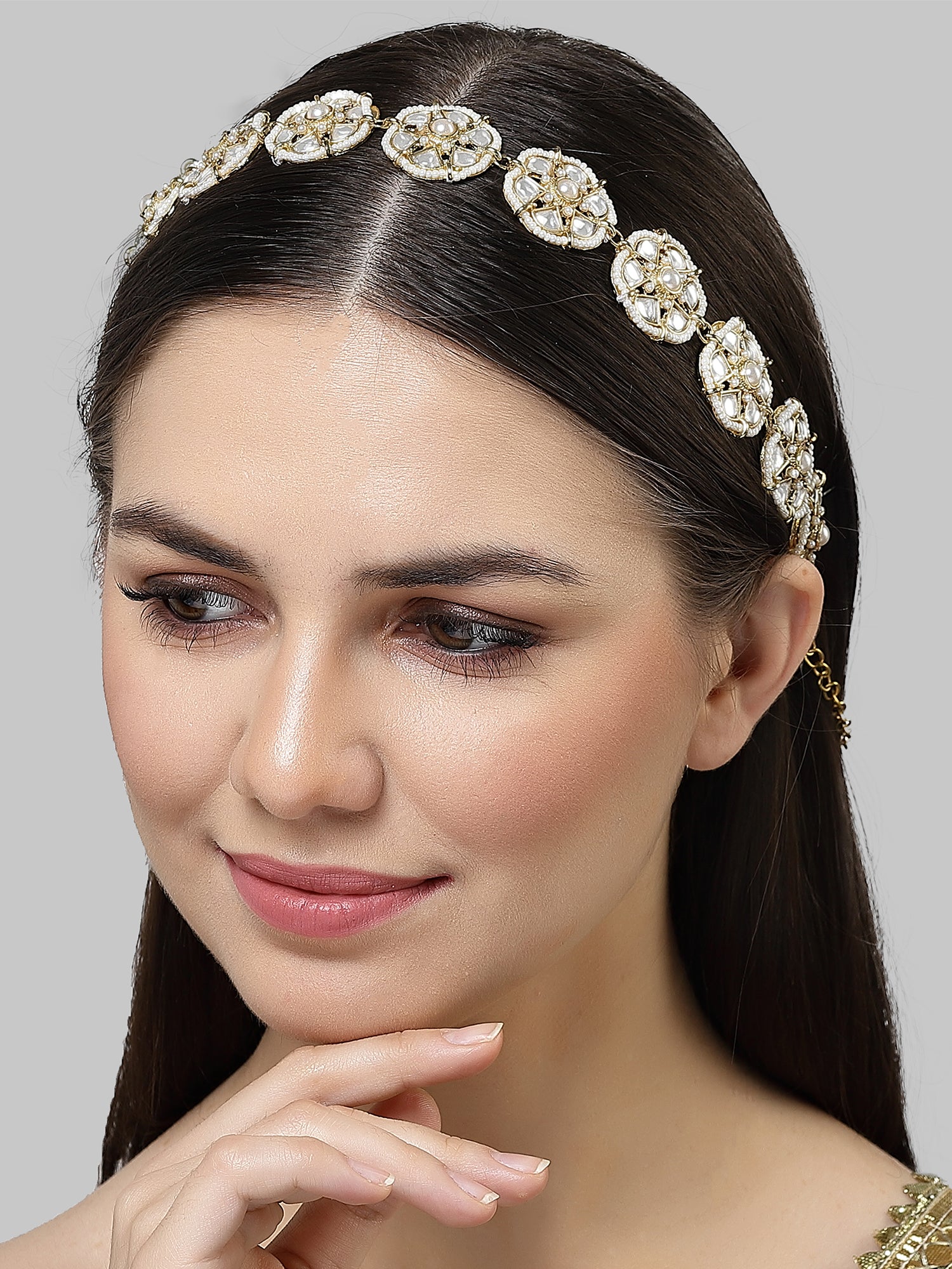 Karatcart Gold Plated Floral Design Pearl and Kundan Studded Hairband for Women