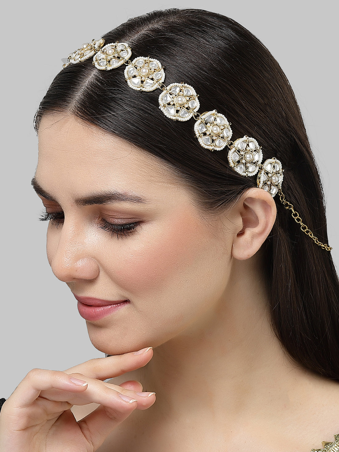 Karatcart Gold Plated Floral Design Pearl and Kundan Studded Hairband for Women