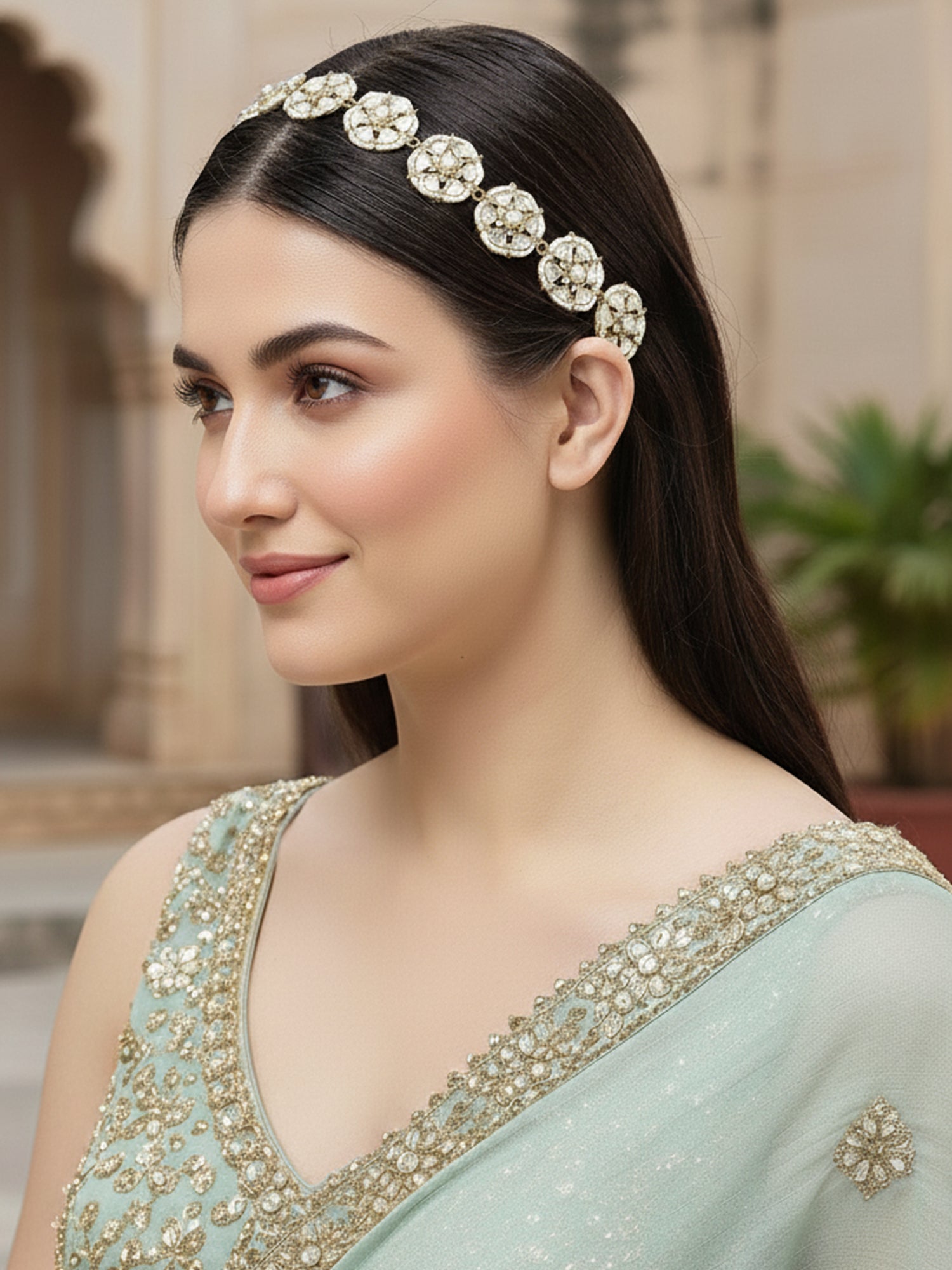 Karatcart Gold Plated Floral Design Pearl and Kundan Studded Hairband for Women