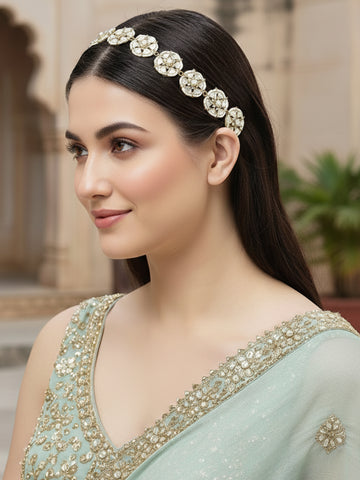 Karatcart Gold Plated Floral Design Pearl and Kundan Studded Hairband for Women