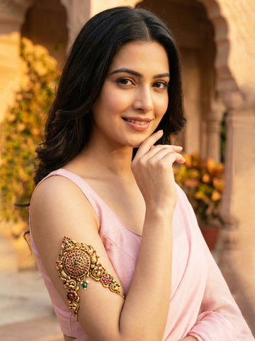 KARATCART Gold-Plated South Indian Temple Style Pink and Green Stone Hand Vanki Bajubandh for Women
