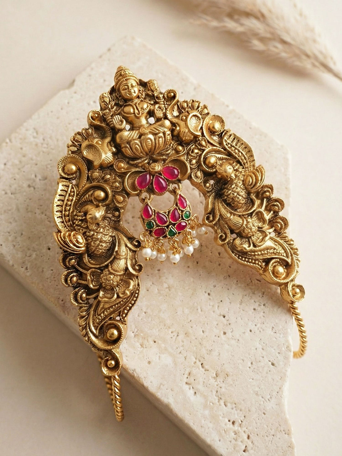 KARATCART Designer South Indian Gold-Plated Hand Veni with Lakshmi Mata Motif for Women