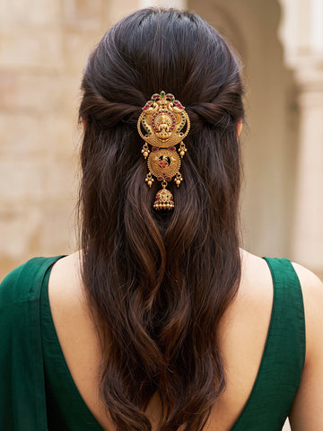 KARATCART Traditional Gold-Plated Mata Lakshmi Temple Bridal Hair Juda Head Jewellery for Women