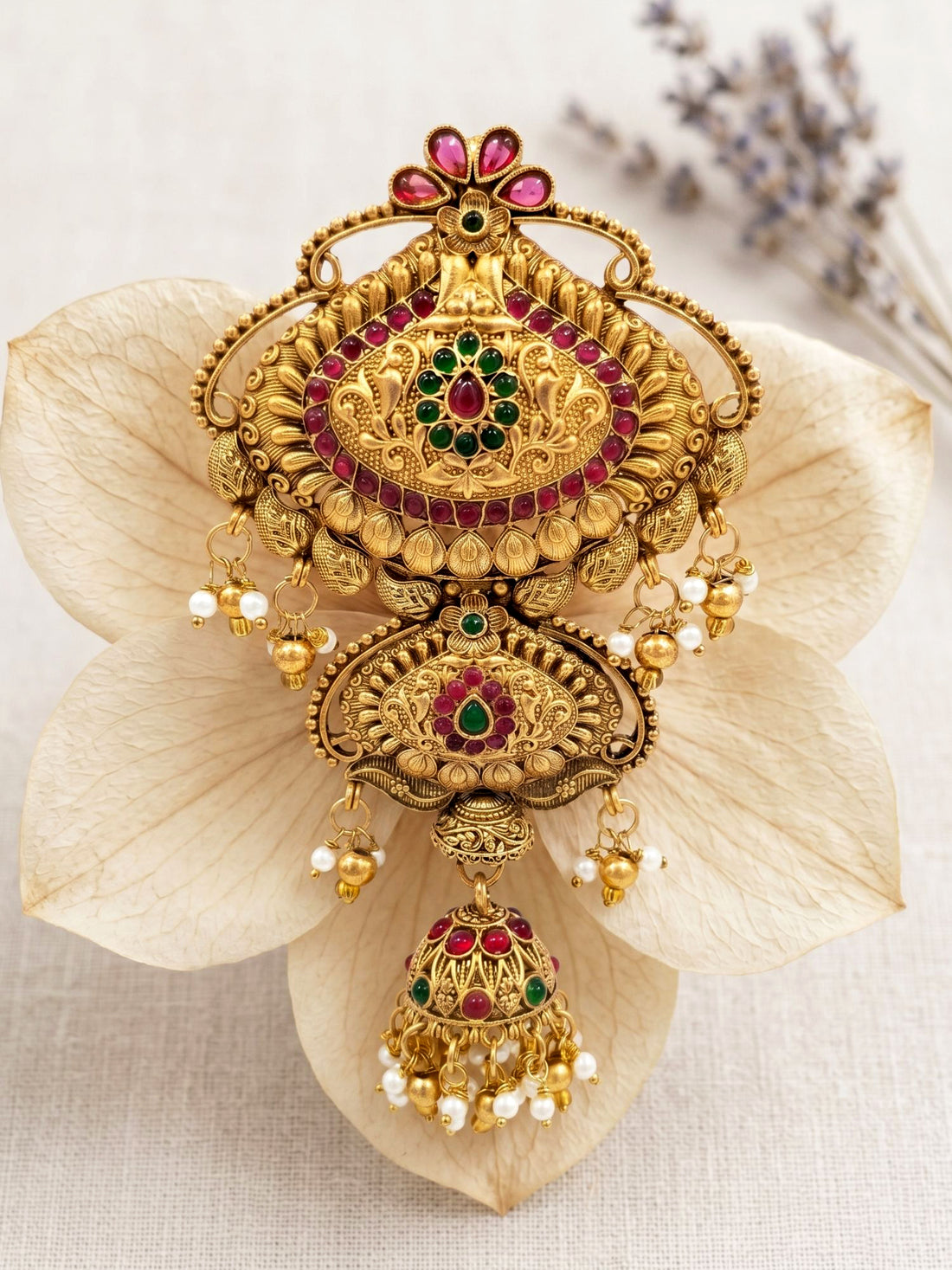 KARATCART Designer Gold-Plated Red & Green Stone Floral Bridal Hair Juda Head Jewellery for Women