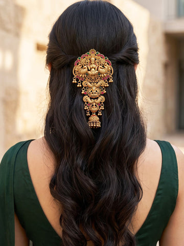 KARATCART Gold-Plated Mata Lakshmi Peacock Stone Studded Temple Bridal Hair Juda for Women