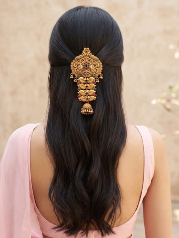 KARATCART Gold-Plated Peacock Motif Multicolor Stone Temple Bridal Hair Juda for Women