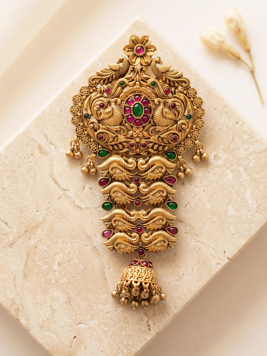 KARATCART Gold-Plated Peacock Motif Multicolor Stone Temple Bridal Hair Juda for Women