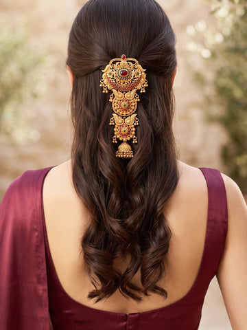 KARATCART Gold-Plated Red & Green Stone Studded Floral Bridal Temple Hair Juda for Women