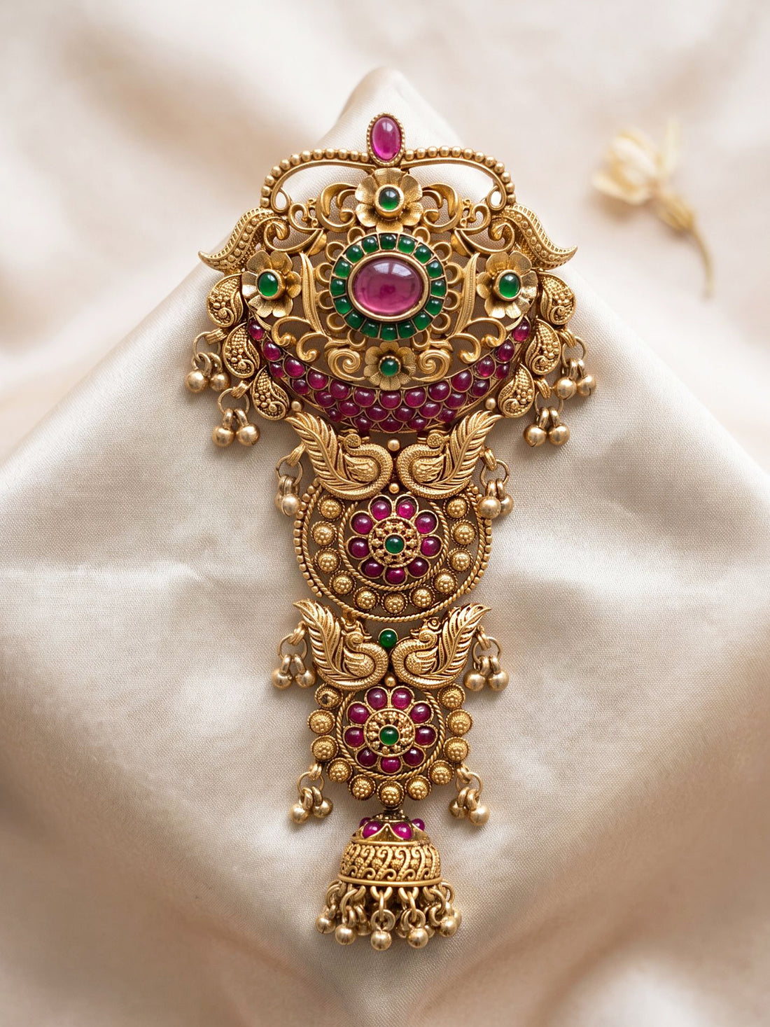 KARATCART Gold-Plated Red & Green Stone Studded Floral Bridal Temple Hair Juda for Women