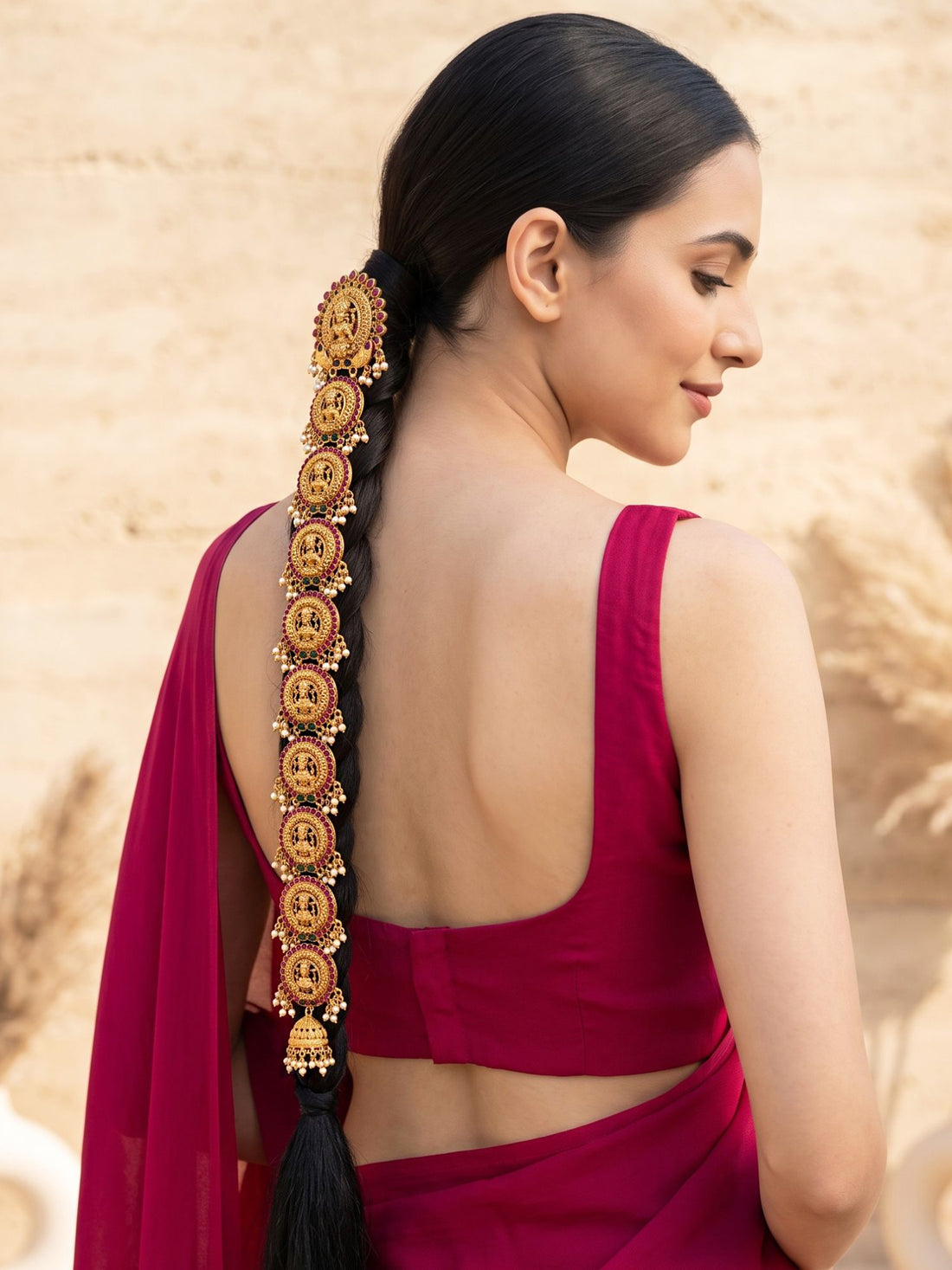 KARATCART Designer Gold-Plated Mata Lakshmi Bridal Temple Hair Choti for Women