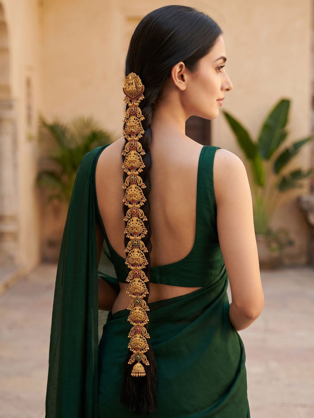 KARATCART Traditional Gold-Plated Mata Lakshmi Bridal Temple Long Hair Choti for Women