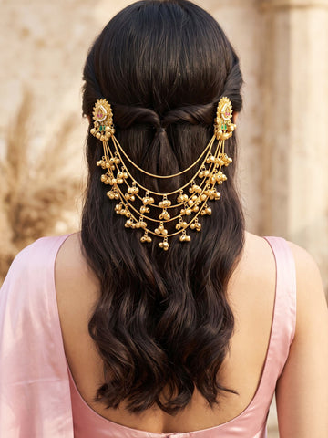 KARATCART Gold-Plated Multi-Layer Ghungroo Chain Floral Bridal Head Jewellery for Women