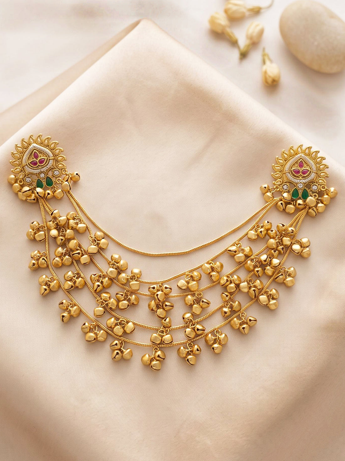 KARATCART Gold-Plated Multi-Layer Ghungroo Chain Floral Bridal Head Jewellery for Women