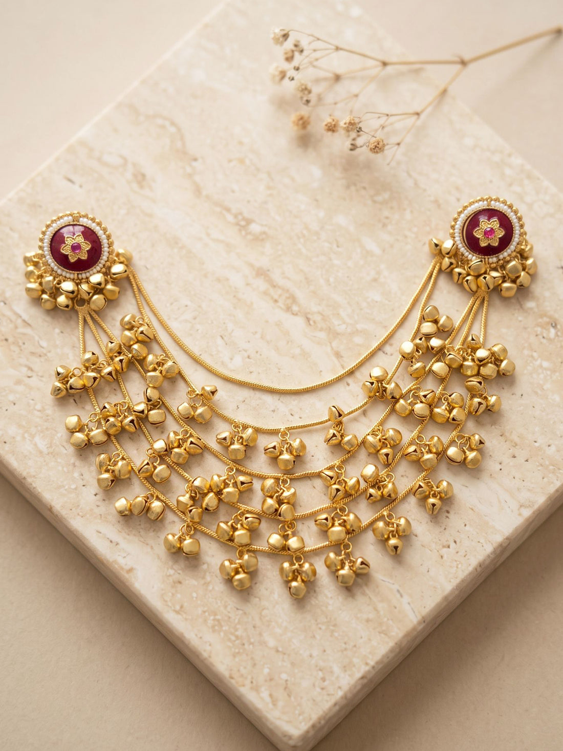 KARATCART Gold-Plated Red Floral Multi-Layer Ghungroo Chain Head Jewellery for Women