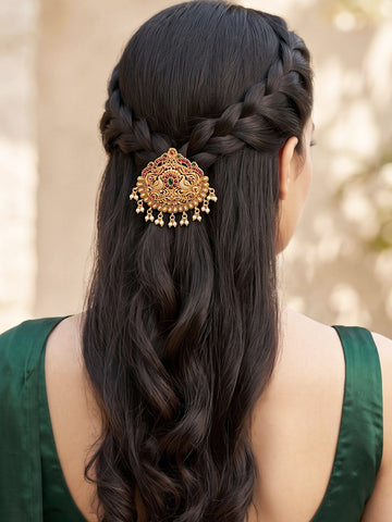 KARATCART Gold-Plated Red & Green Stone Peacock Motif Bridal Temple Hair Juda for Women