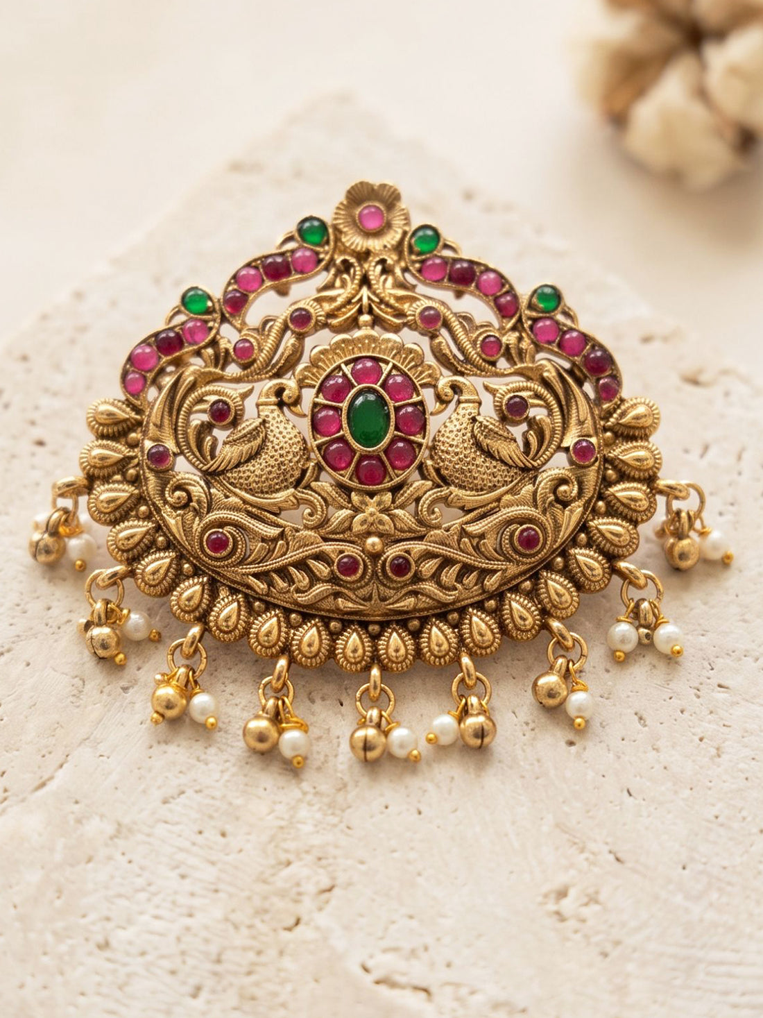 KARATCART Gold-Plated Red & Green Stone Peacock Motif Bridal Temple Hair Juda for Women