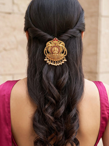KARATCART Designer Gold-Plated Mata Lakshmi Red Green Stone Bridal Hair Juda for Women