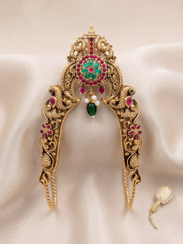 KARATCART Designer Gold-Plated South Indian Hand Veni with Floral Stone Design for Women