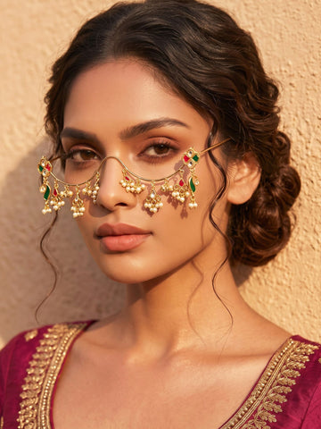 KARATCART Designer Gold-Tone Facelet with Floral Motifs, Colorful Enamel and Hanging Bell Charms