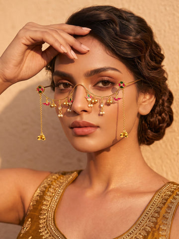 KARATCART Designer Gold-Tone Facelet with Bird Motifs, Colorful Enamel and Hanging Bell Charms