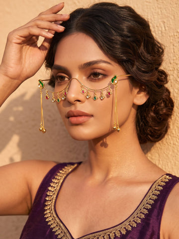 KARATCART Designer Gold-Tone Facelet with Leaf Motifs, Colorful Stoens and Hanging Bell Charms