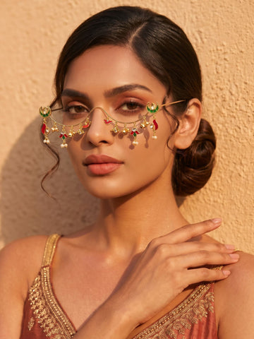 KARATCART Designer Gold-Tone Facelet with Half Moon Motifs, Multicolor Enamel & Hanging Bell Charms