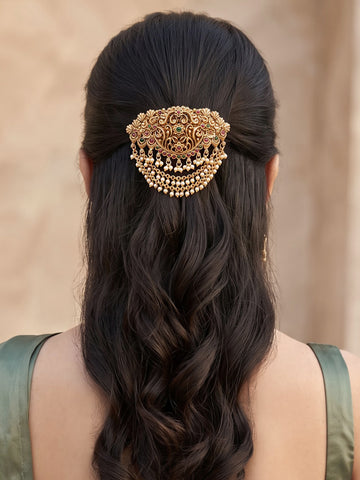 KARATCART Designer Gold-Plated Red & Green Stone Floral Bridal Hair Clip for Women