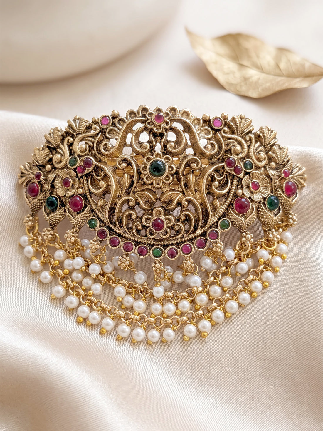 KARATCART Designer Gold-Plated Red & Green Stone Floral Bridal Hair Clip for Women