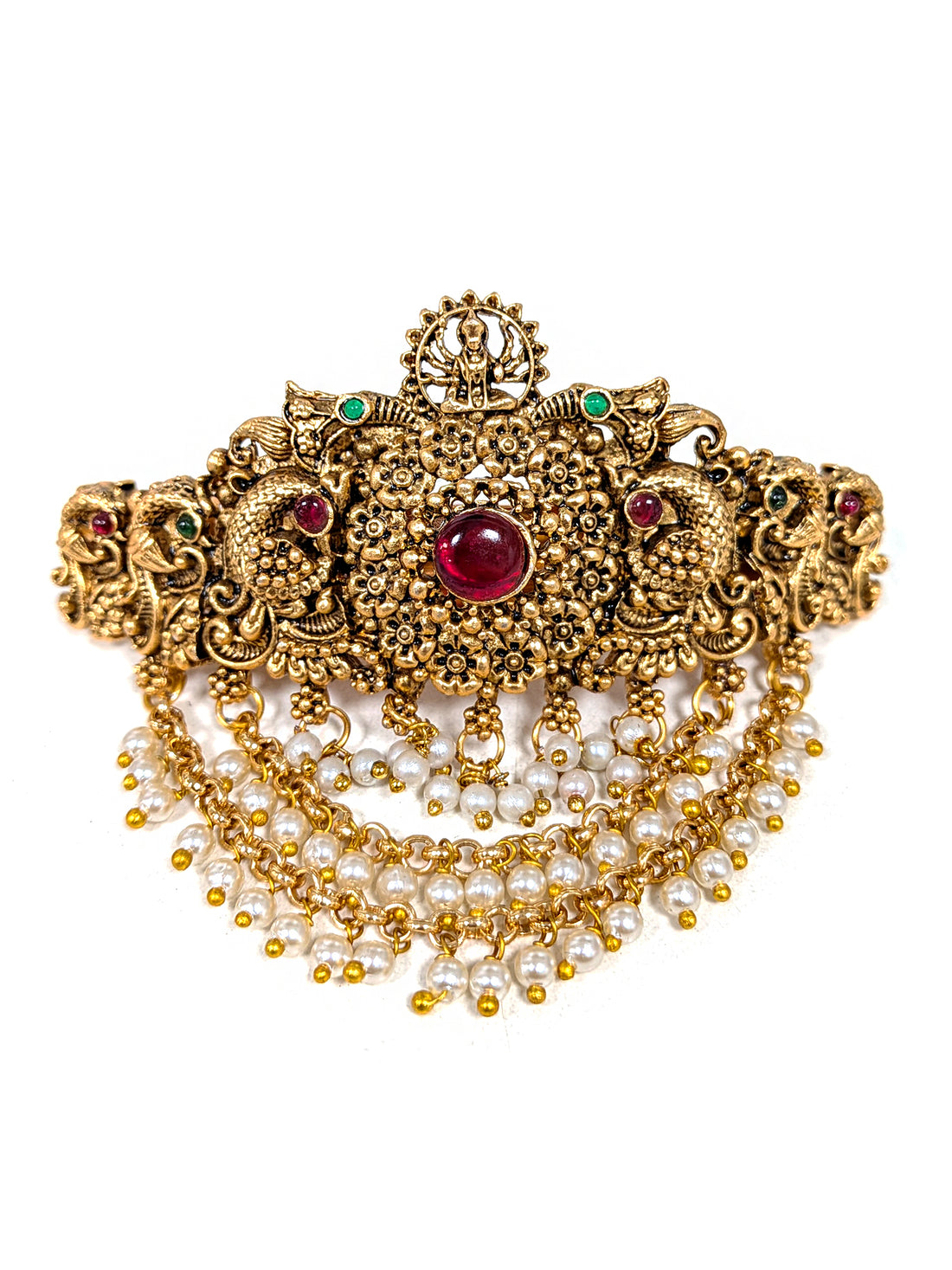 KARATCART Designer Gold-Plated Red Stone Temple Floral Bridal Hair Clip for Women