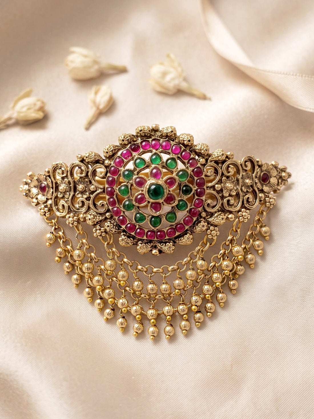 KARATCART Traditional Gold-Plated Red & Green Stone Floral Bridal Hair Clip for Women