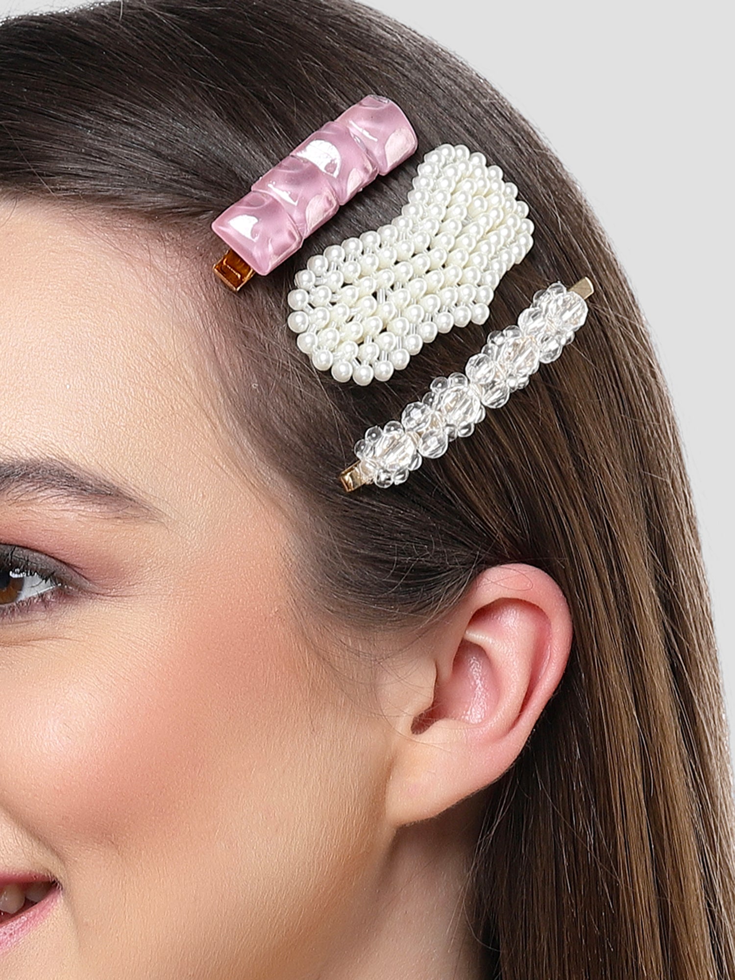 Bohey by KARATCART Set of 3 Pink and White Pearl Beaded Hair Clips for Women