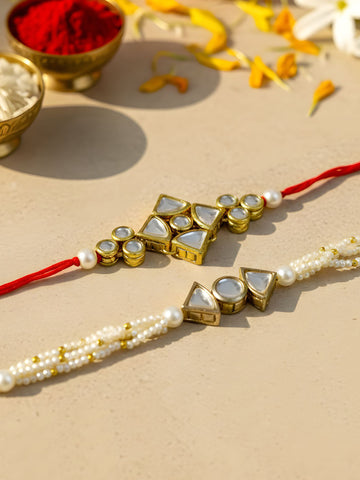 KARATCART Rakhi for Bhai and Bhabhi Set of 2 Gold Plated Handmade Kundan Bhaiya Bhabhi Rakhi Combo with Roli & Chawal