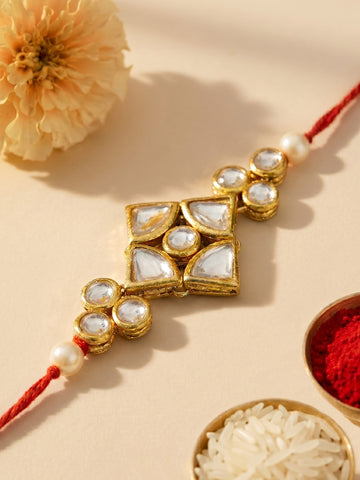 KARATCART Rakhi for Brother Gold-Plated Kundan Rakhi with Roli Chawal