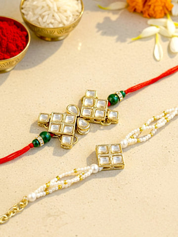 KARATCART Rakhi for Bhai and Bhabhi Set of 2 Gold Plated Handmade Kundan Bhaiya Bhabhi Rakhi Combo with Roli & Chawal