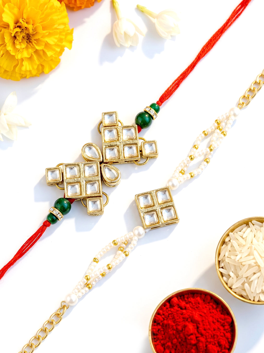 KARATCART Rakhi for Bhai and Bhabhi Set of 2 Gold Plated Handmade Kundan Bhaiya Bhabhi Rakhi Combo with Roli & Chawal
