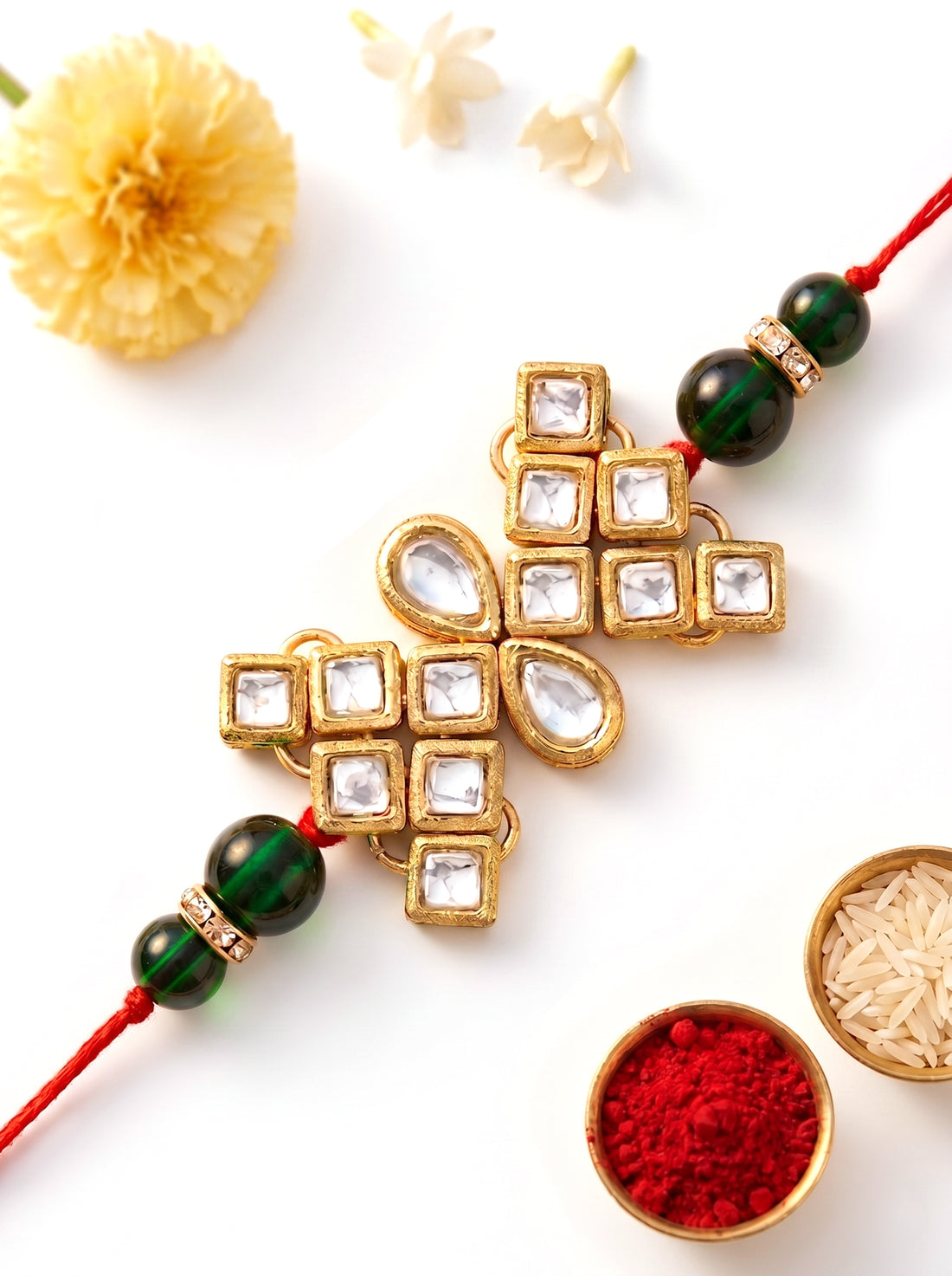 KARATCART Rakhi for Brother Gold-Plated Kundan Rakhi with Roli Chawal
