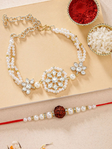 KARATCART Gold Plated Handmade Kundan Bhaiya Bhabhi Rakhi Combo with Roli & Chawal