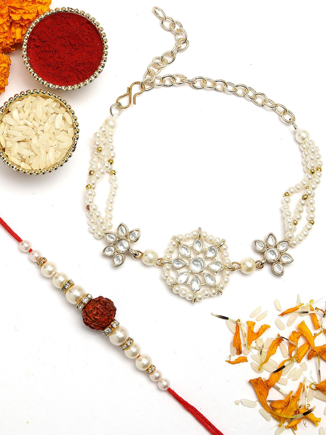 KARATCART Gold Plated Handmade Kundan Bhaiya Bhabhi Rakhi Combo with Roli & Chawal