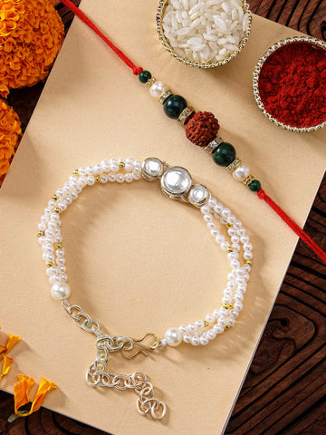 KARATCART Gold Plated Handmade Kundan Bhaiya Bhabhi Rakhi Combo with Roli & Chawal
