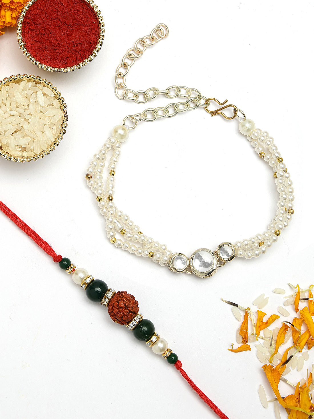 KARATCART Gold Plated Handmade Kundan Bhaiya Bhabhi Rakhi Combo with Roli & Chawal
