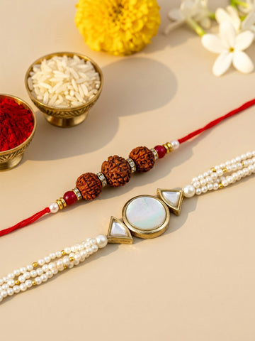KARATCART Gold Plated Handmade Kundan Bhaiya Bhabhi Rakhi Combo with Roli & Chawal