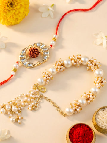 KARATCART Gold Plated Handmade Kundan Bhaiya Bhabhi Rakhi Combo with Roli & Chawal
