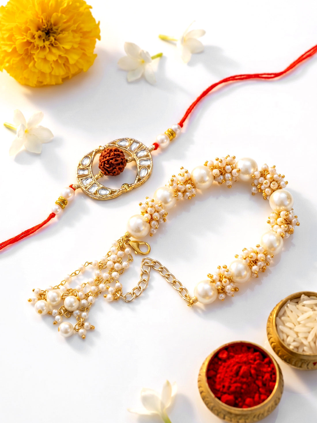 KARATCART Gold Plated Handmade Kundan Bhaiya Bhabhi Rakhi Combo with Roli & Chawal