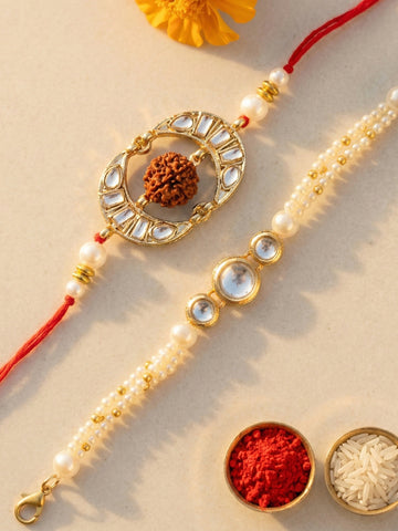 KARATCART Gold Plated Handmade Kundan Bhaiya Bhabhi Rakhi Combo with Roli & Chawal