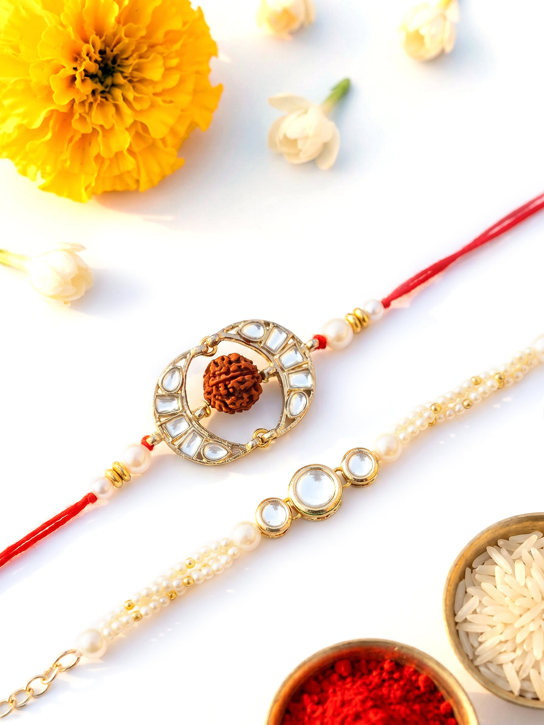 KARATCART Gold Plated Handmade Kundan Bhaiya Bhabhi Rakhi Combo with Roli & Chawal