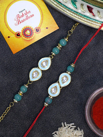 Karatcart Rakhi for Brother and Bhabhi Set of 2 Gold Plated Light Blue Handmade Kundan Bhiya Bhabhi Rakhi Combo with Roli & Chawal