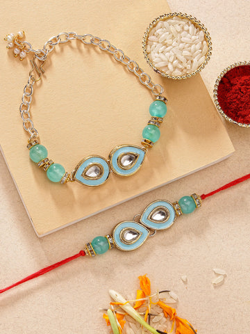 KARATCART Set of 2 Gold Plated Light Blue Handmade Kundan Bhaiya Bhabhi Rakhi Combo with Roli & Chawal